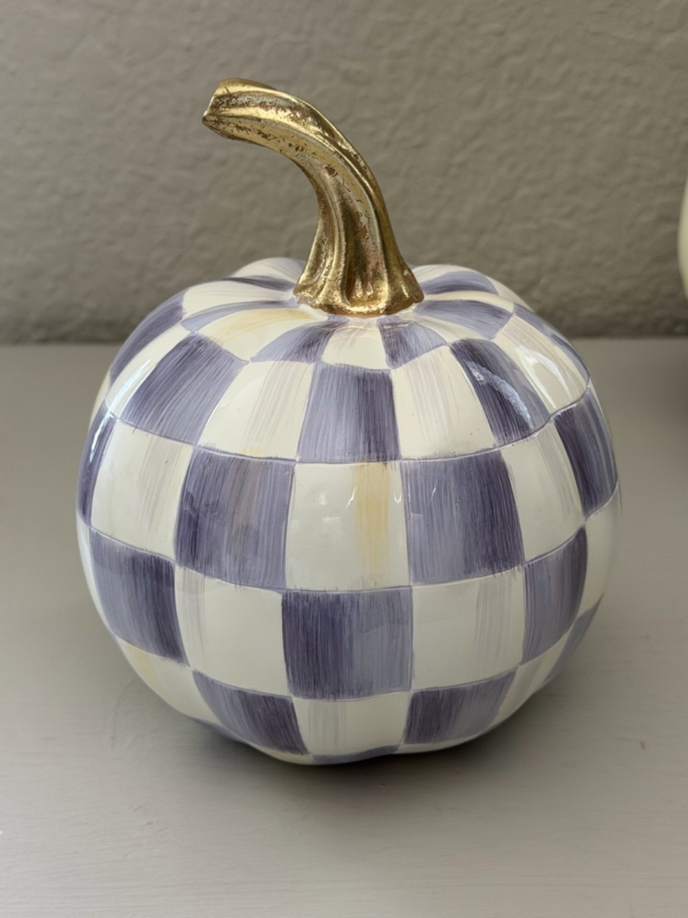 Mackenzie Childs Violet Mini Pumpkin Decor Gold Stem Check Pattern New